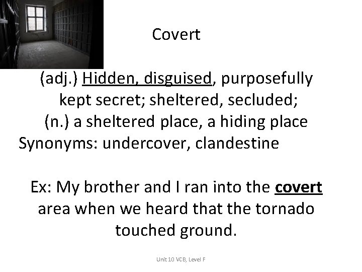 Covert (adj. ) Hidden, disguised, purposefully kept secret; sheltered, secluded; (n. ) a sheltered