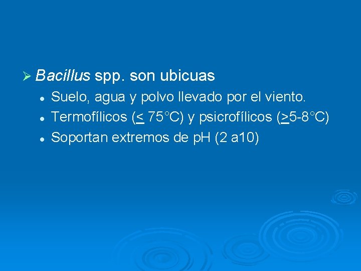 Ø Bacillus l l l spp. son ubicuas Suelo, agua y polvo llevado por