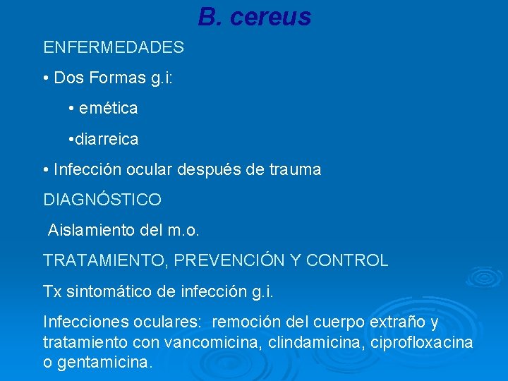 B. cereus ENFERMEDADES • Dos Formas g. i: • emética • diarreica • Infección