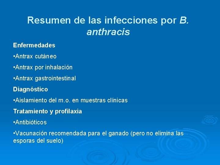 Resumen de las infecciones por B. anthracis Enfermedades • Antrax cutáneo • Antrax por