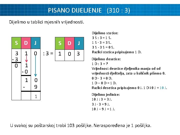 PISANO DIJELJENJE (310 : 3) Dijelimo u tablici mjesnih vrijednosti. S D J 3