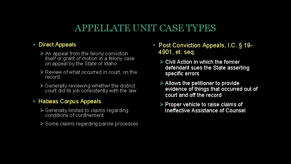 APPELLATE UNIT CASE TYPES • Direct Appeals Ø An appeal from the felony conviction