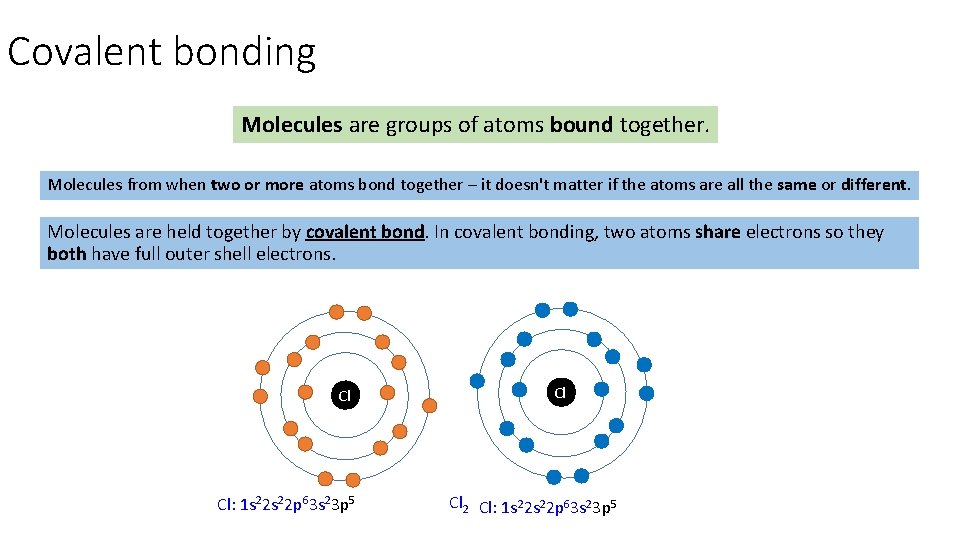 Covalent bonding Molecules are groups of atoms bound together. Molecules from when two or