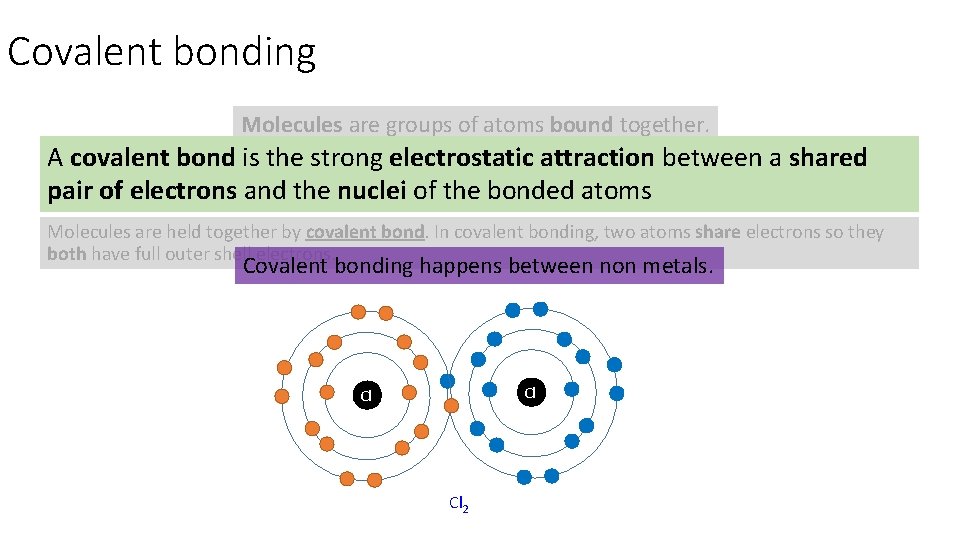 Covalent bonding Molecules are groups of atoms bound together. A covalent bond is the
