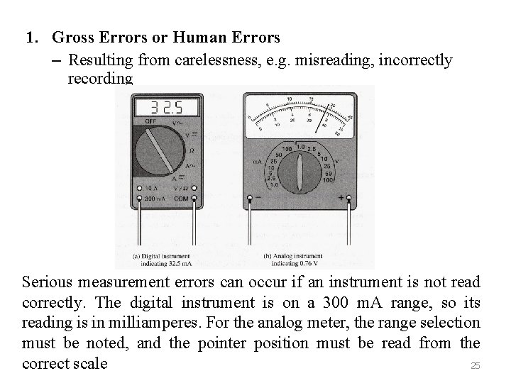 1. Gross Errors or Human Errors – Resulting from carelessness, e. g. misreading, incorrectly