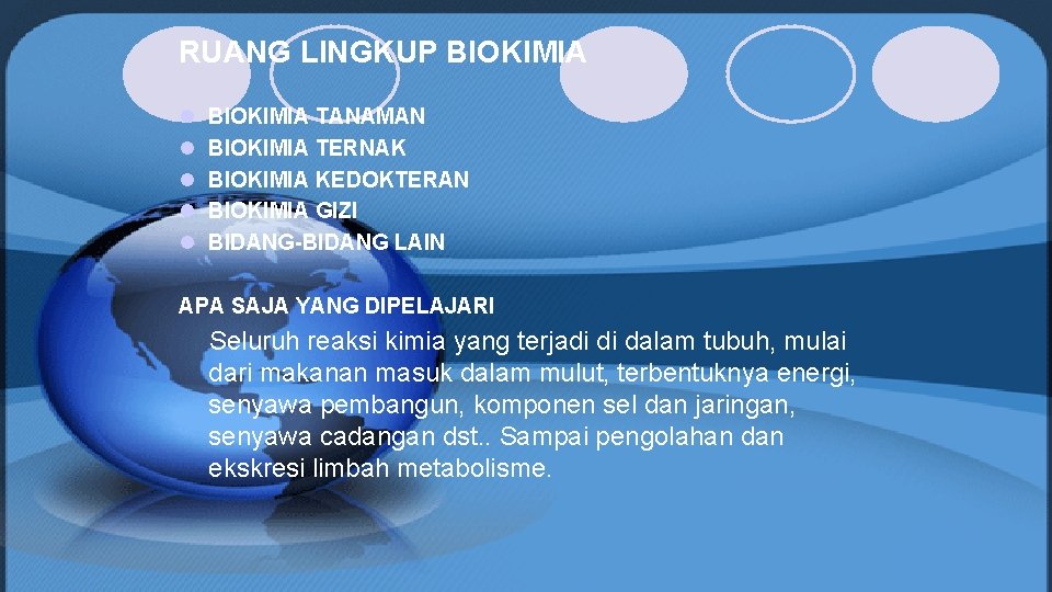 RUANG LINGKUP BIOKIMIA l l l BIOKIMIA TANAMAN BIOKIMIA TERNAK BIOKIMIA KEDOKTERAN BIOKIMIA GIZI