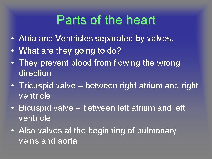 Parts of the heart • Atria and Ventricles separated by valves. • What are