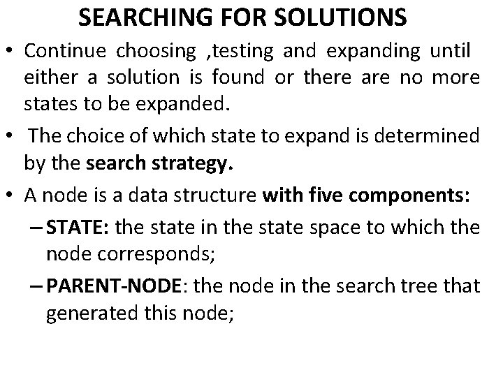 SEARCHING FOR SOLUTIONS • Continue choosing , testing and expanding until either a solution