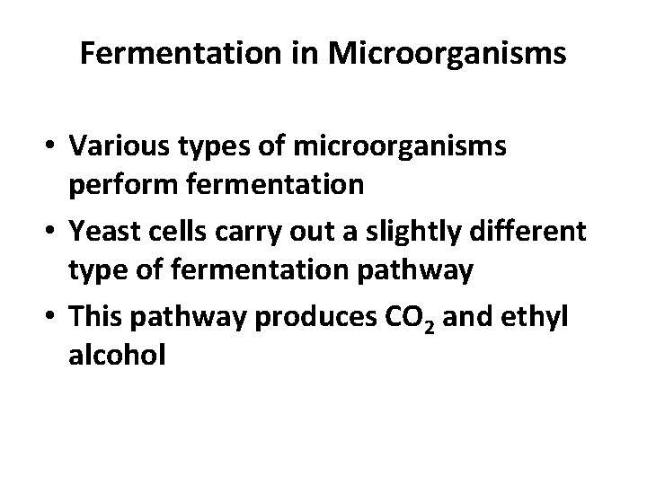 Fermentation in Microorganisms • Various types of microorganisms perform fermentation • Yeast cells carry
