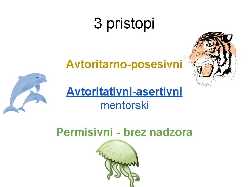 3 pristopi Avtoritarno-posesivni Avtoritativni-asertivni mentorski Permisivni - brez nadzora 