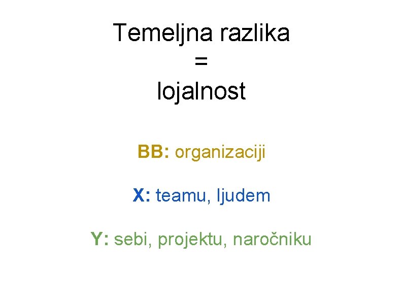 Temeljna razlika = lojalnost BB: organizaciji X: teamu, ljudem Y: sebi, projektu, naročniku 