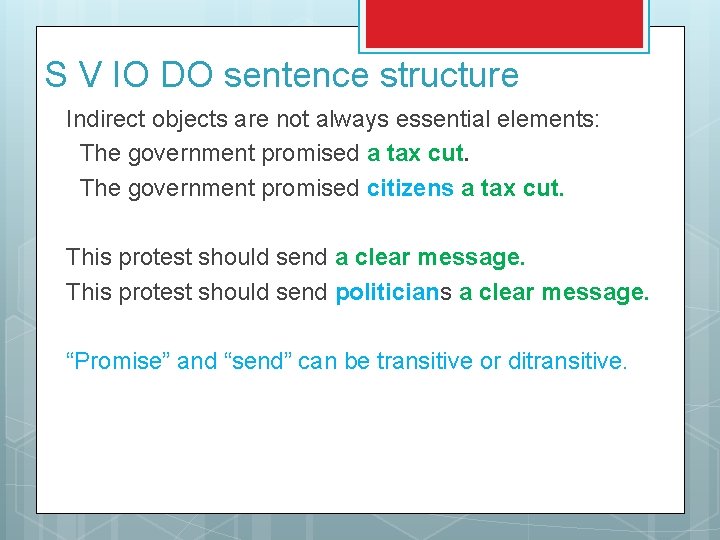 S V IO DO sentence structure Indirect objects are not always essential elements: The