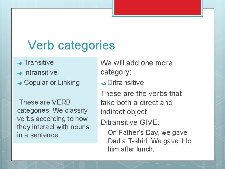Verb categories Transitive Intransitive Copular or Linking These are VERB categories. We classify verbs