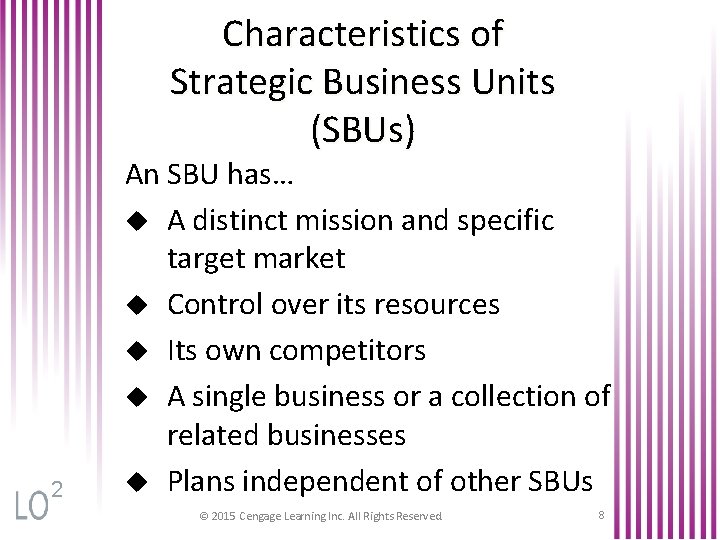 Characteristics of Strategic Business Units (SBUs) 2 An SBU has… u A distinct mission