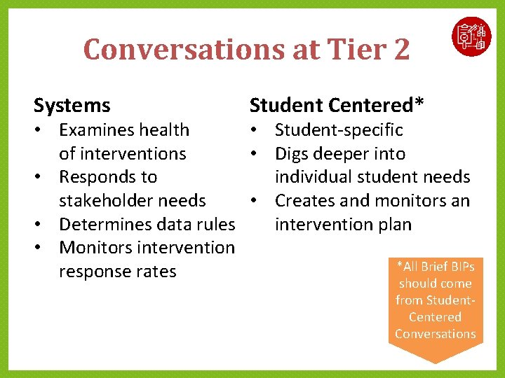 Conversations at Tier 2 Systems Student Centered* • Examines health • Student-specific of interventions Conversations at Tier 2 Systems Student Centered* • Examines health • Student-specific of interventions