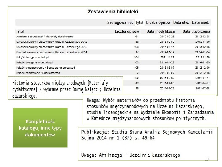 Kompletność katalogu, inne typy dokumentów 13 