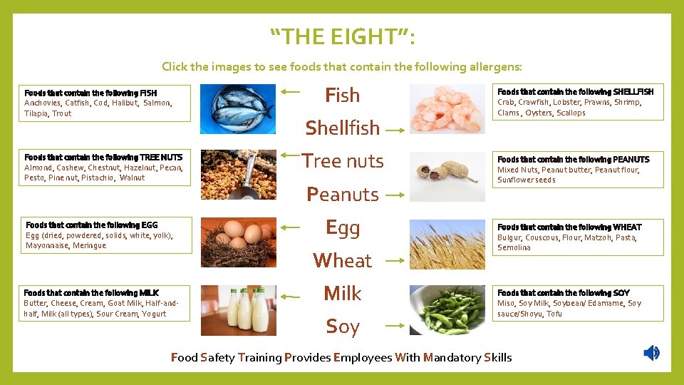 “THE EIGHT”: Click the images to see foods that contain the following allergens: Foods