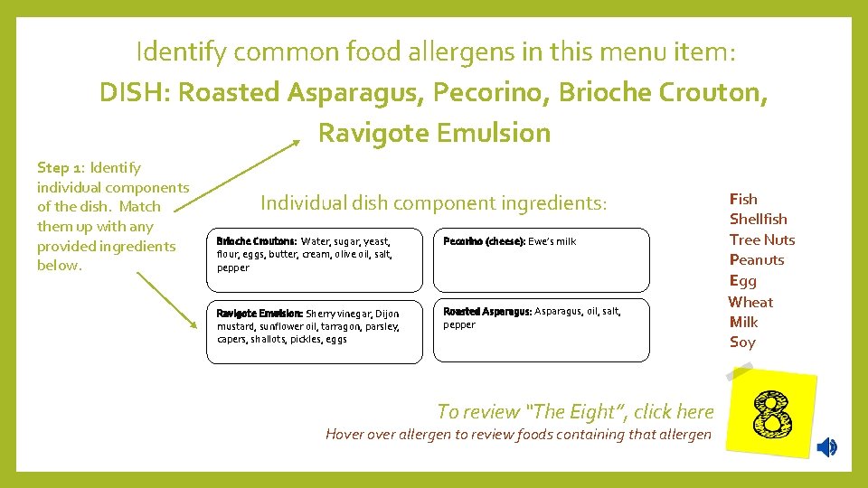 Identify common food allergens in this menu item: DISH: Roasted Asparagus, Pecorino, Brioche Crouton,