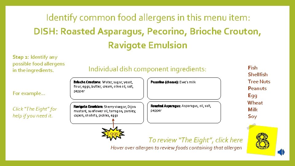 Identify common food allergens in this menu item: DISH: Roasted Asparagus, Pecorino, Brioche Crouton,