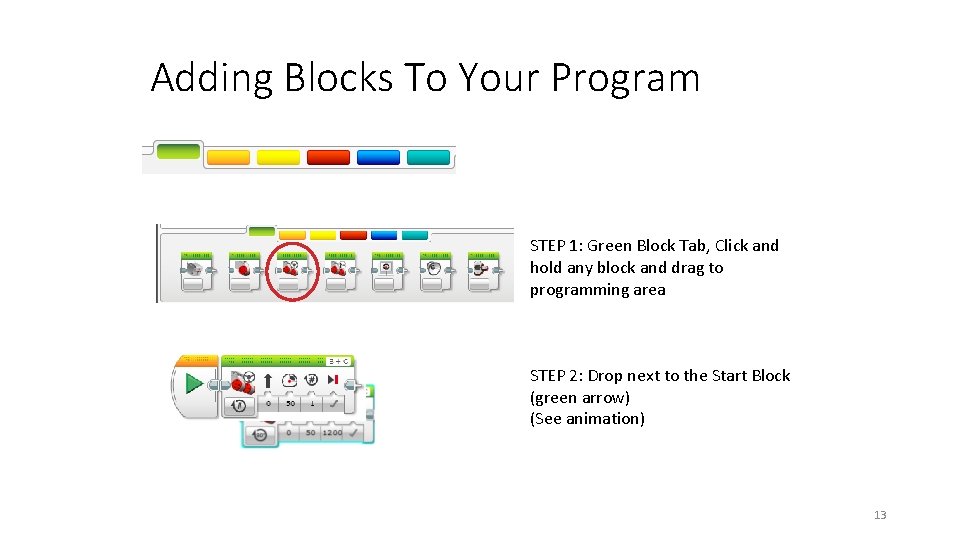 Adding Blocks To Your Program STEP 1: Green Block Tab, Click and hold any