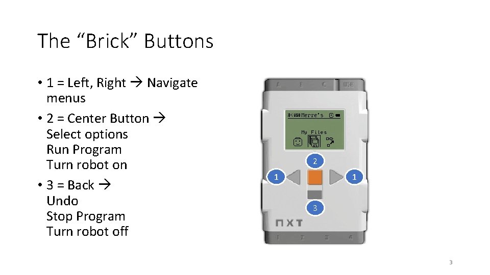 The “Brick” Buttons • 1 = Left, Right Navigate menus • 2 = Center