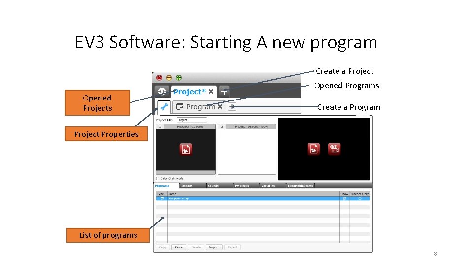 EV 3 Software: Starting A new program Create a Project Opened Programs Opened Projects