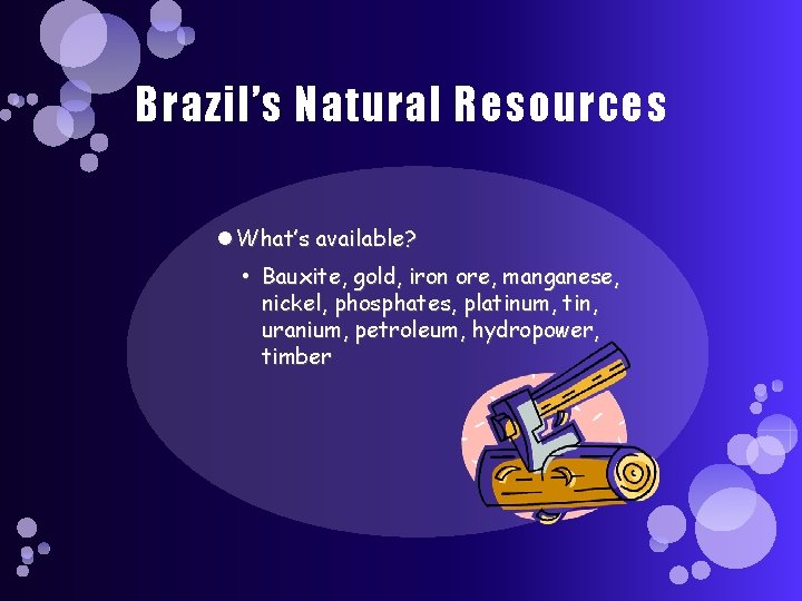 Brazil’s Natural Resources What’s available? • Bauxite, gold, iron ore, manganese, nickel, phosphates, platinum,