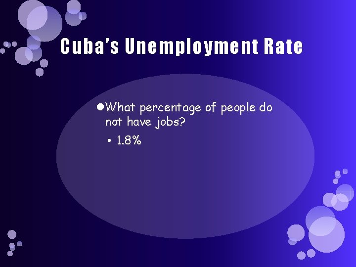 Cuba’s Unemployment Rate What percentage of people do not have jobs? • 1. 8%