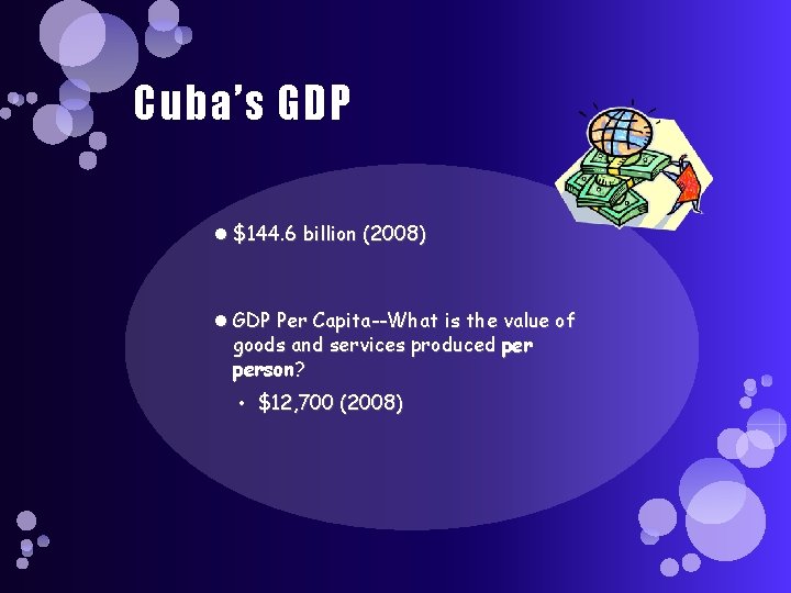Cuba’s GDP $144. 6 billion (2008) GDP Per Capita--What is the value of goods