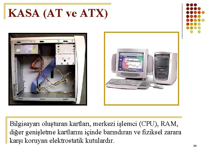 KASA (AT ve ATX) Bilgisayarı oluşturan kartları, merkezi işlemci (CPU), RAM, diğer genişletme kartlarını