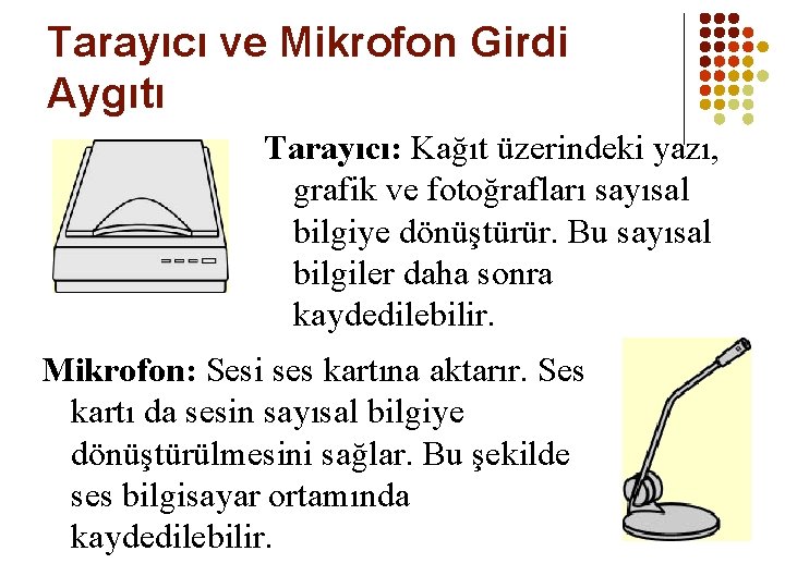 Tarayıcı ve Mikrofon Girdi Aygıtı Tarayıcı: Kağıt üzerindeki yazı, grafik ve fotoğrafları sayısal bilgiye