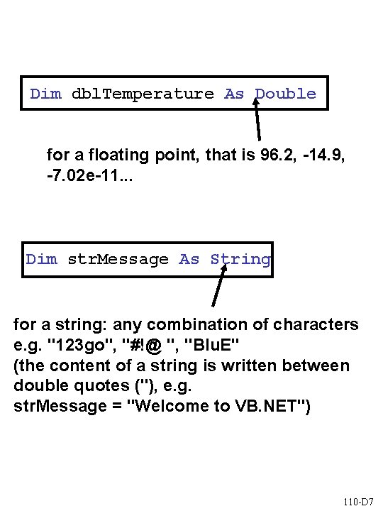 Dim dbl. Temperature As Double for a floating point, that is 96. 2, -14.