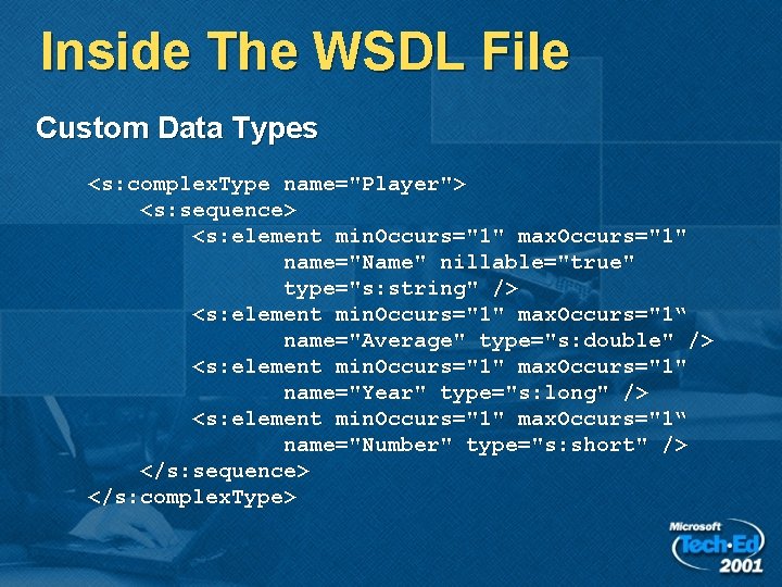 Inside The WSDL File Custom Data Types <s: complex. Type name="Player"> <s: sequence> <s: