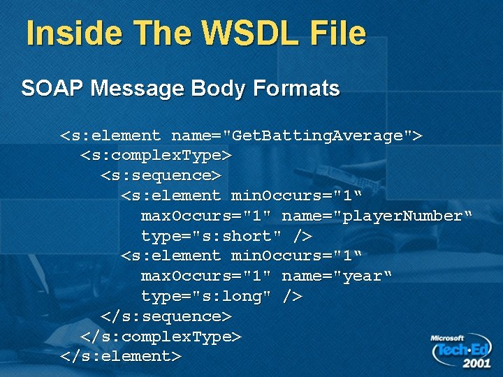 Inside The WSDL File SOAP Message Body Formats <s: element name="Get. Batting. Average"> <s: