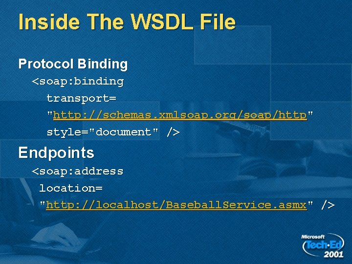 Inside The WSDL File Protocol Binding <soap: binding transport= "http: //schemas. xmlsoap. org/soap/http" style="document"