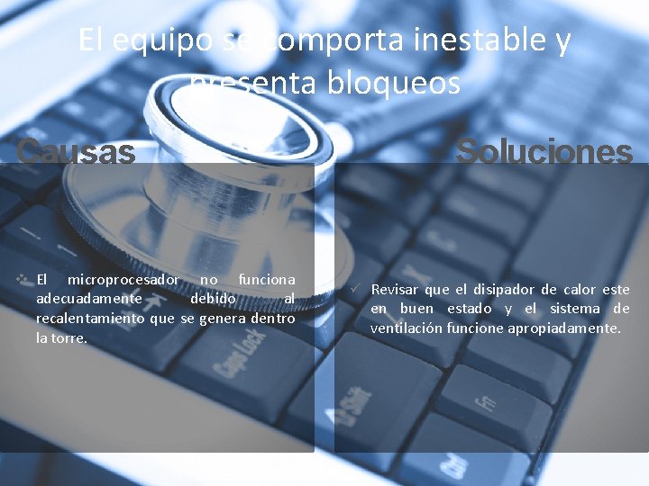 El equipo se comporta inestable y presenta bloqueos Causas v El microprocesador no funciona