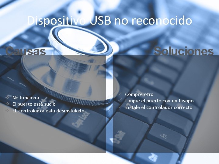 Dispositivo USB no reconocido Causas v No funciona v El puerto está sucio v