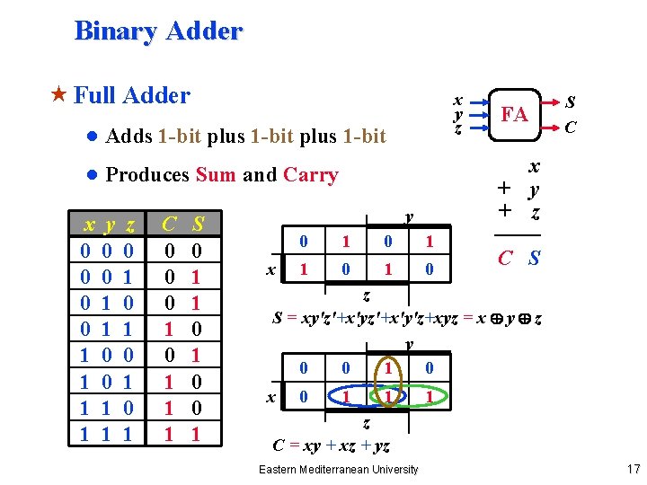 Binary Adder « Full Adder x y z ● Adds 1 -bit plus 1