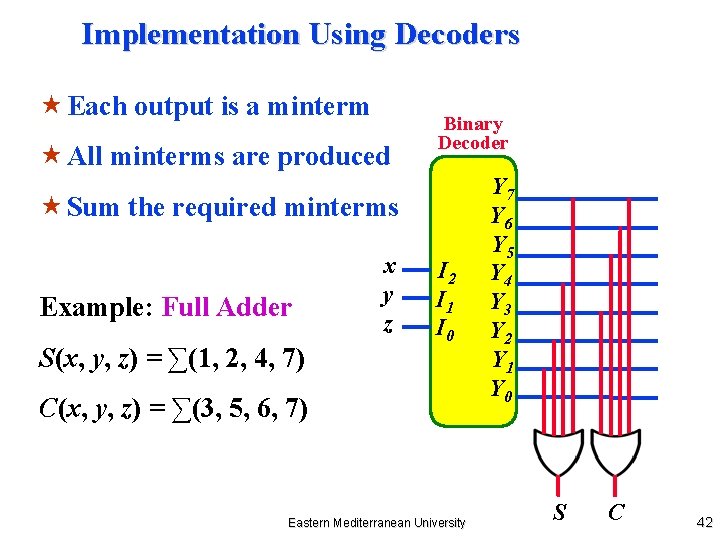 Implementation Using Decoders « Each output is a minterm « All minterms are produced