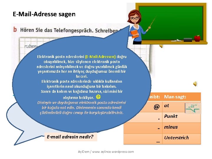 E-Mail-Adresse sagen esweb. net maria_1811@enet. com Elektronik posta adreslerini (E-Mail-Adressen) doğru okuyabilmek, bize söylenen