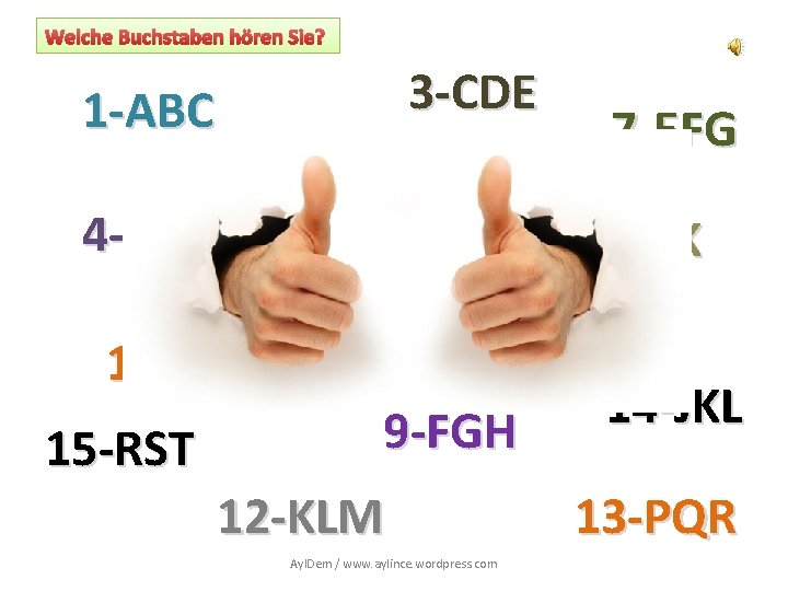 Welche Buchstaben hören Sie? 1 -ABC 4 -XYZ 2 -HIJ 3 -CDE 7 -EFG