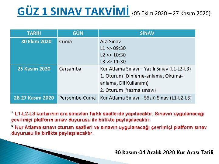 GÜZ 1 SINAV TAKVİMİ (05 Ekim 2020 – 27 Kasım 2020) * L 1