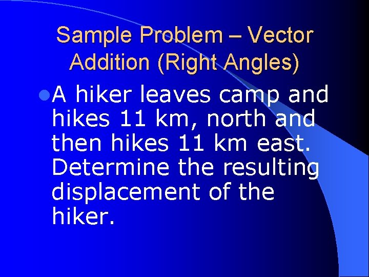 Sample Problem – Vector Addition (Right Angles) l. A hiker leaves camp and hikes