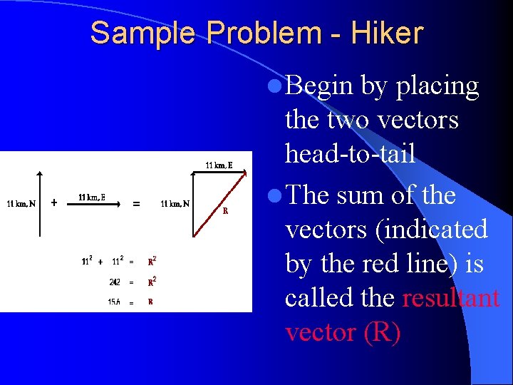 Sample Problem - Hiker l Begin by placing the two vectors head-to-tail l The