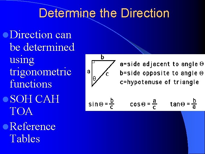 Determine the Direction l Direction can be determined using trigonometric functions l SOH CAH