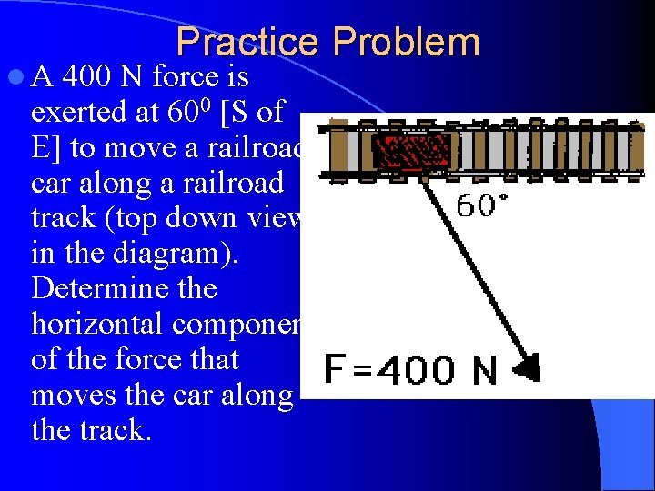 l. A Practice Problem 400 N force is exerted at 600 [S of E]