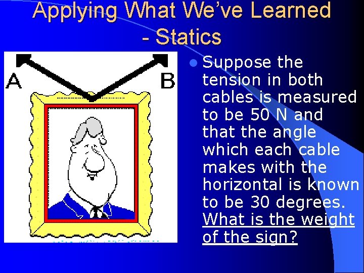 Applying What We’ve Learned - Statics l Suppose the tension in both cables is
