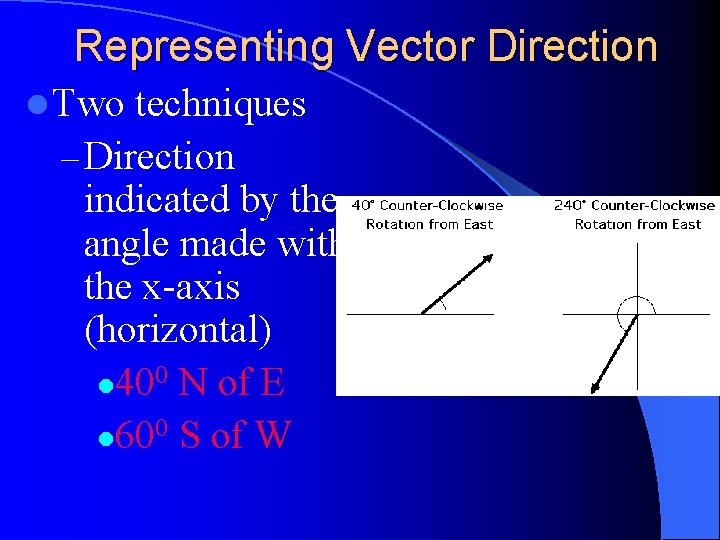 Representing Vector Direction l Two techniques – Direction indicated by the angle made with