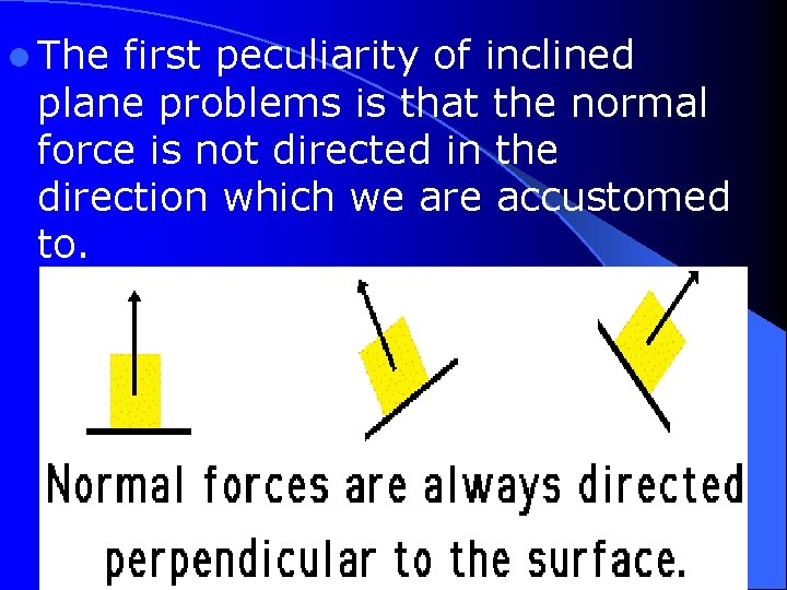 l The first peculiarity of inclined plane problems is that the normal force is