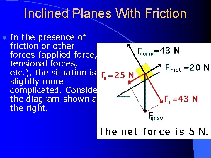 Inclined Planes With Friction l In the presence of friction or other forces (applied